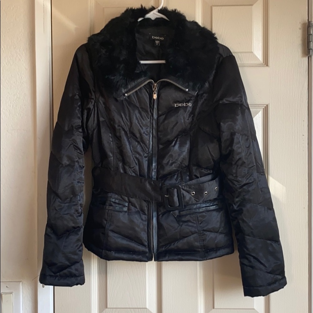 Bebe black puffer jacket with rabbit fur collar